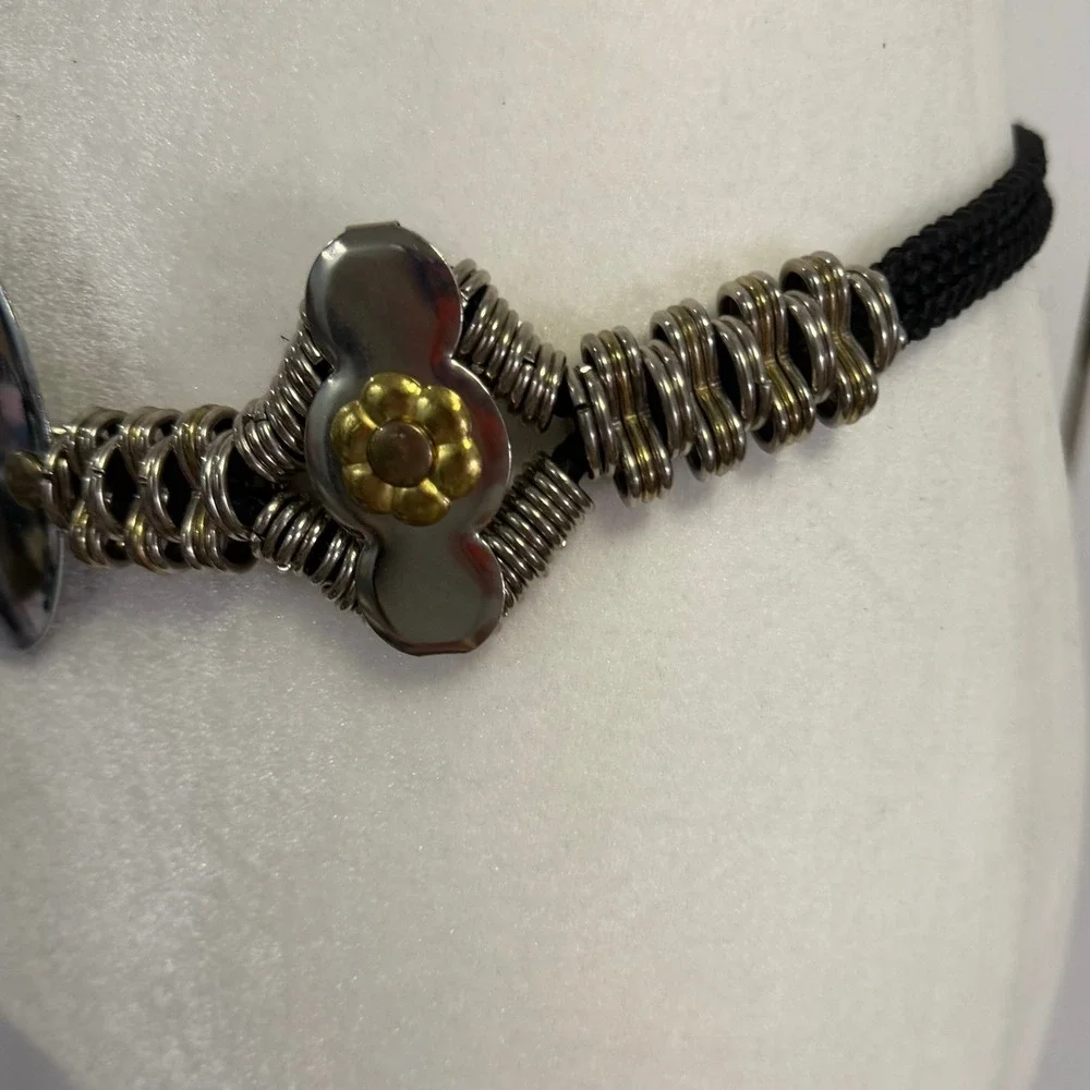 Vintage 80s‎ Black Cord Belt Silver Coil Spring Chain Disc Flower Made Korea